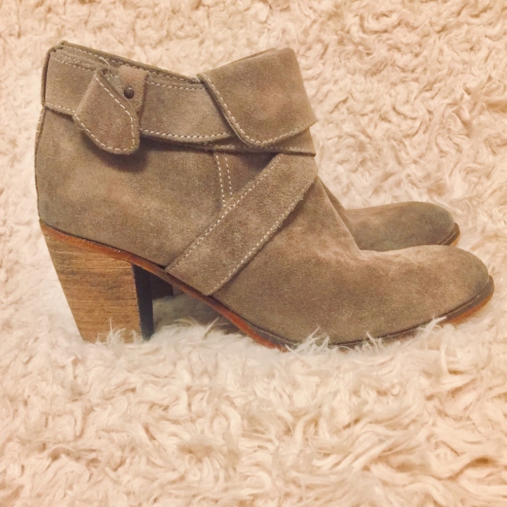 Johnston and Murphy taupe suede strap ankle boots
